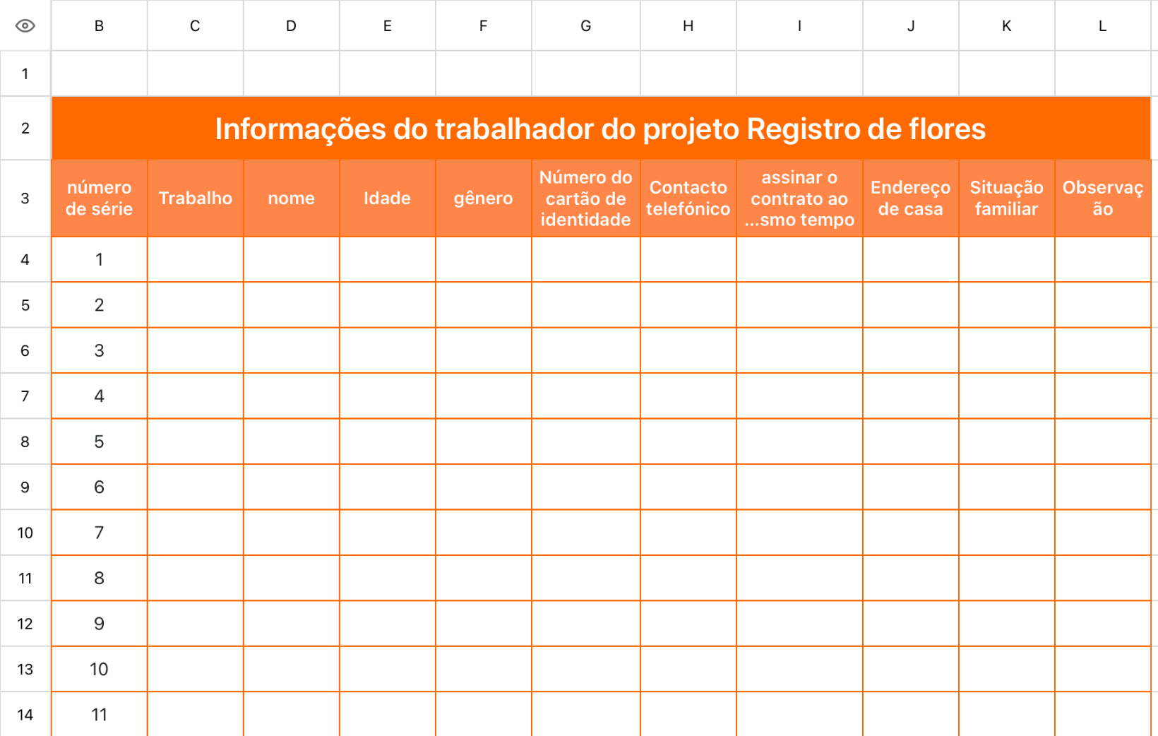 Informações do trabalhador do projeto Registro de flores
